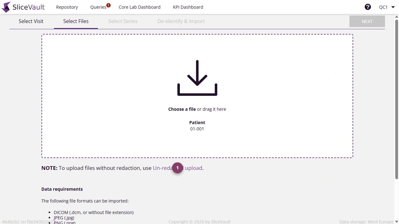 Screenshot: Access link to Upload Un-Redacted Data
