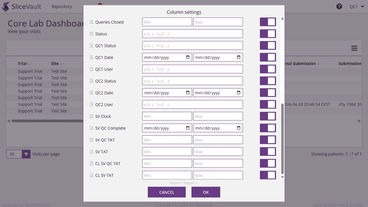Screenshot - Core Lab Settings metric columns