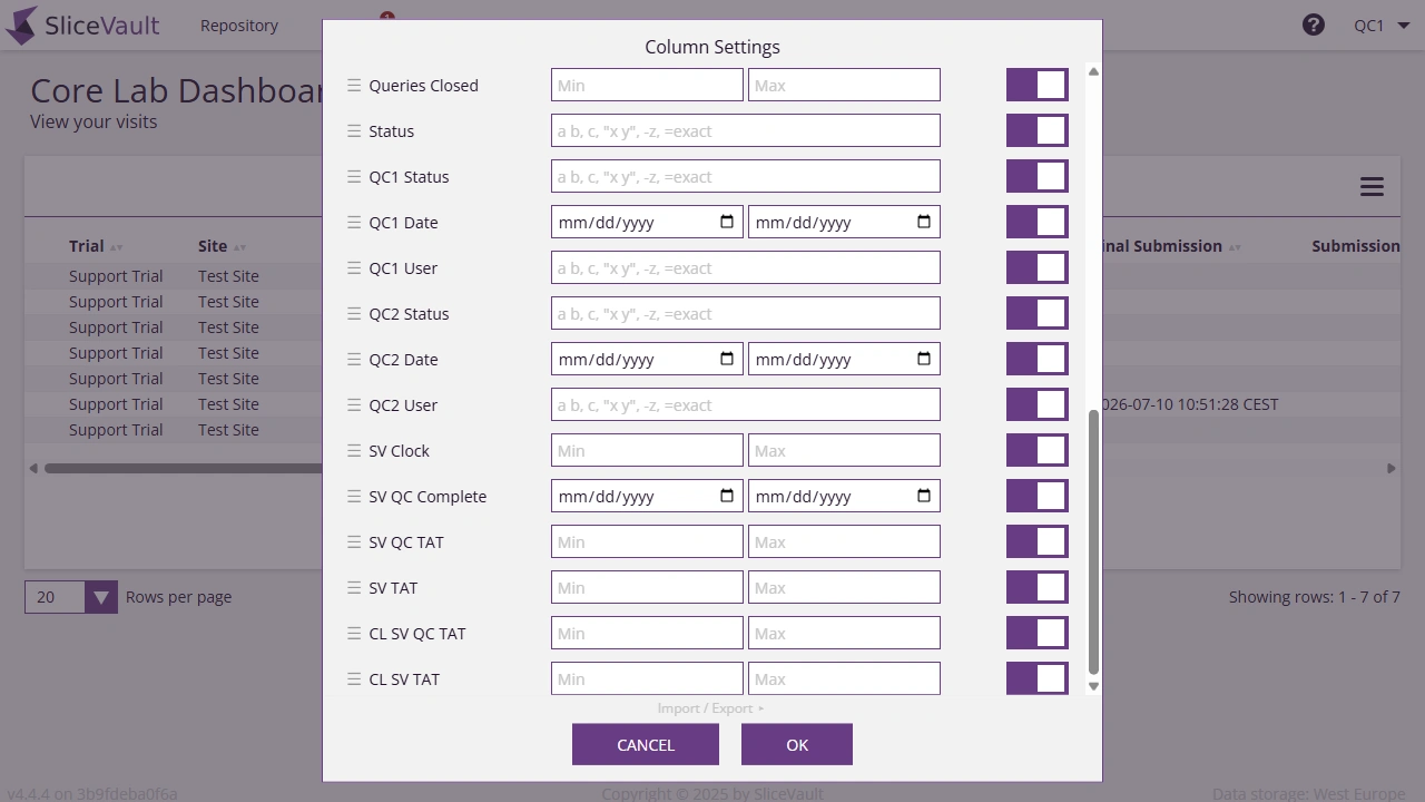 Screenshot - Core Lab Settings metric columns