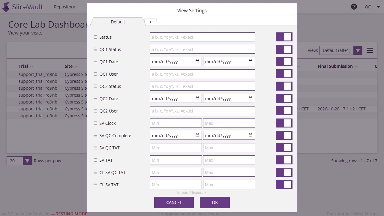 Screenshot - Core Lab Settings metric columns