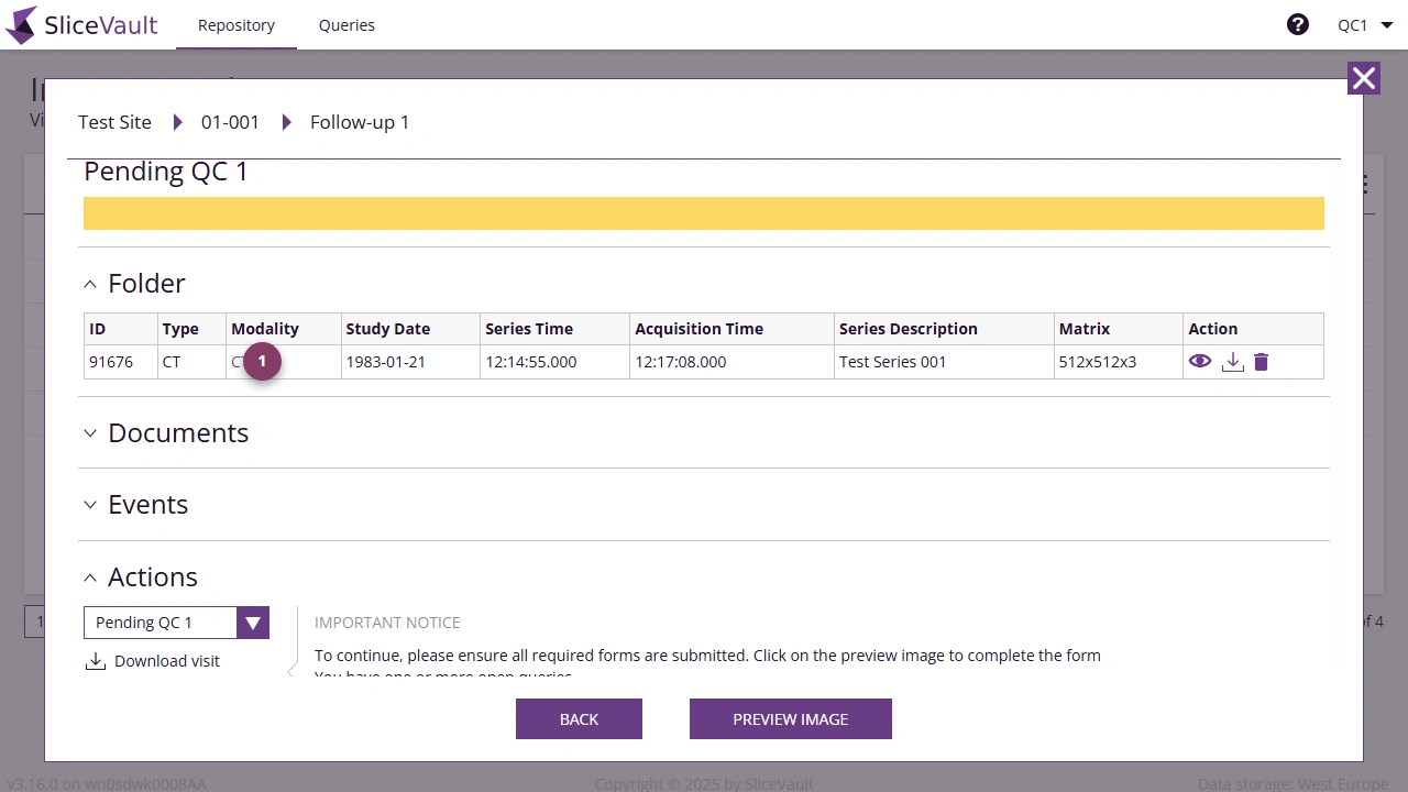Screenshot: Edit DICOM Tag from Visit Dashboard