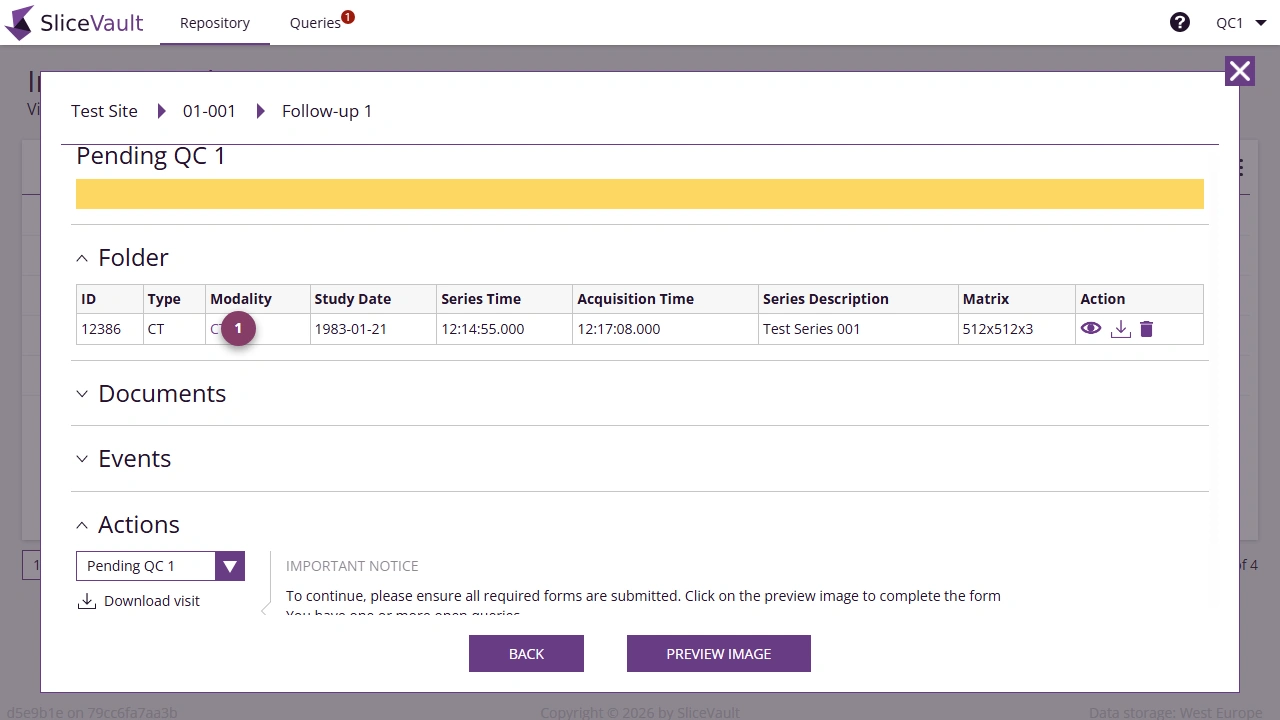 Screenshot: Edit DICOM Tag from Visit Dashboard