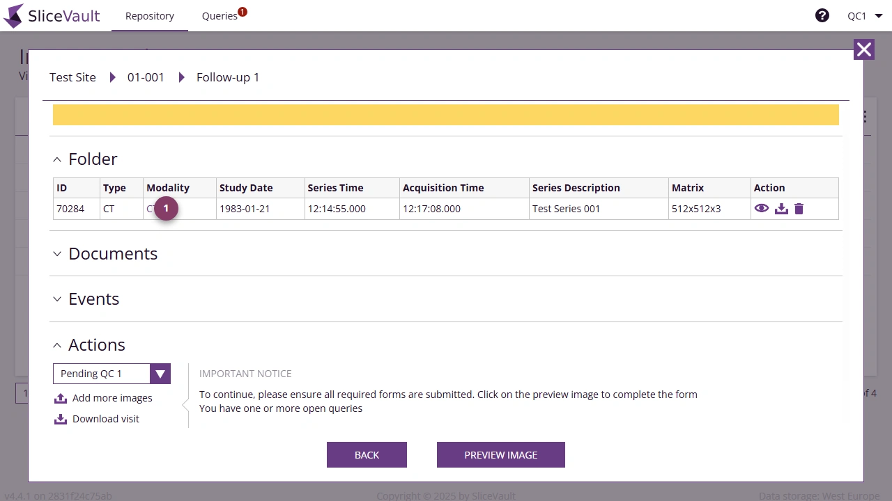 Screenshot: Edit DICOM Tag from Visit Dashboard