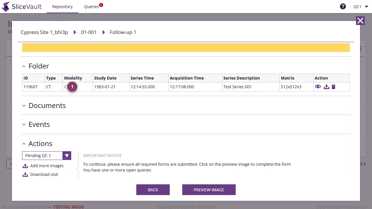 Screenshot: Edit DICOM Tag from Visit Dashboard