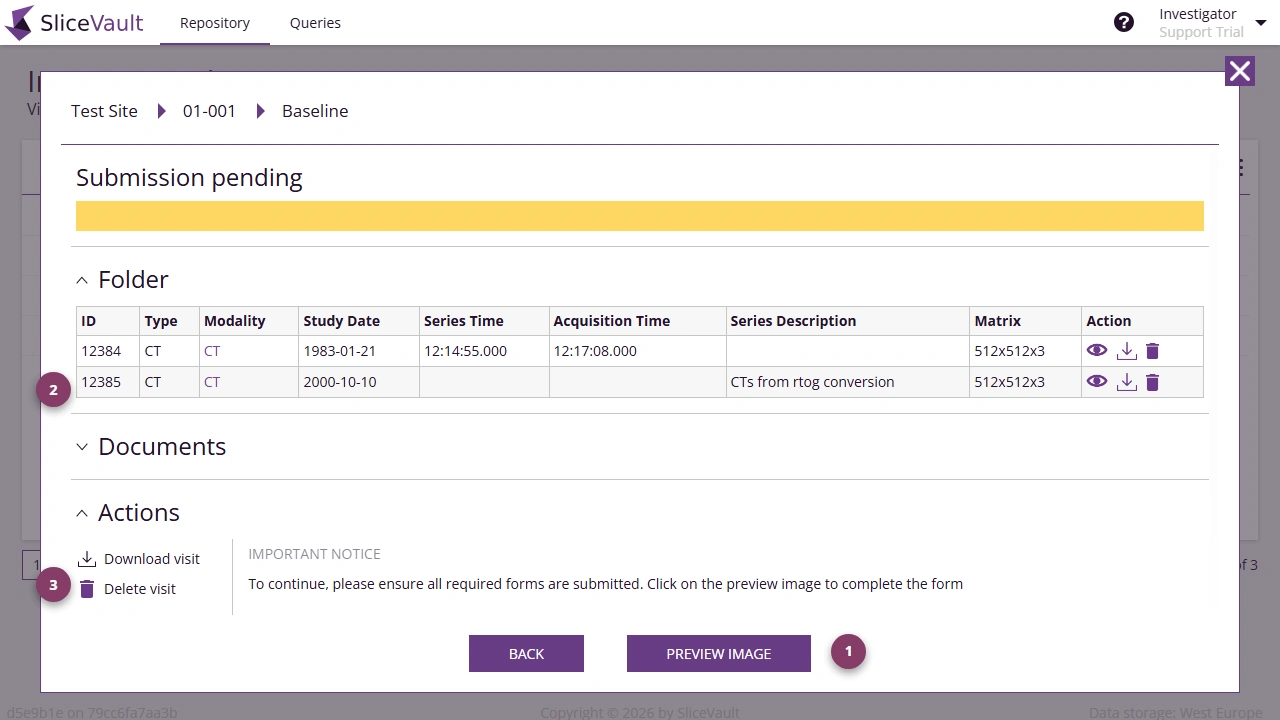 Screenshot - Investigator Visit Dashboard Actions
