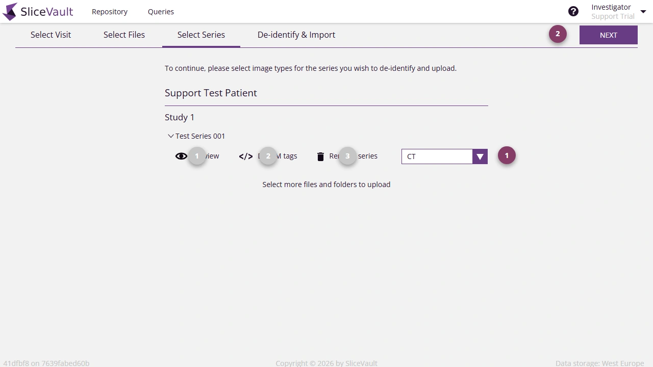 Screenshot of the select series page