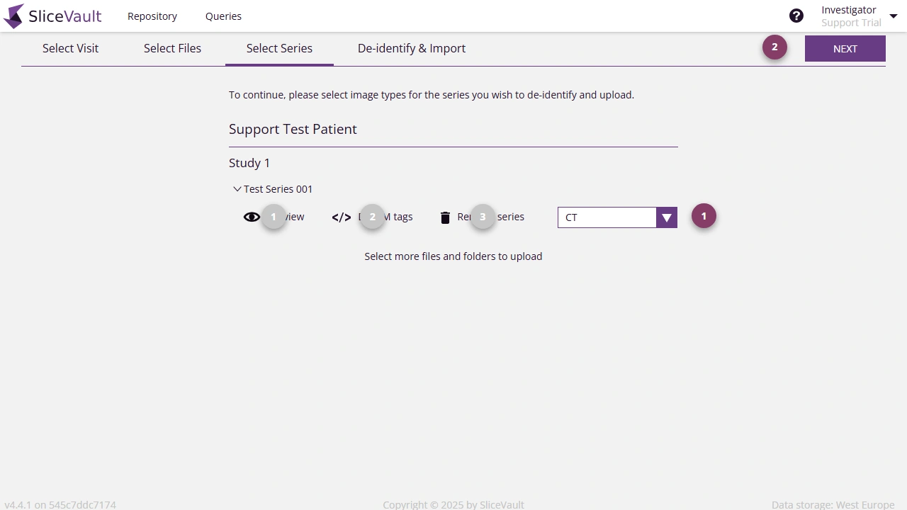 Screenshot of the select series page