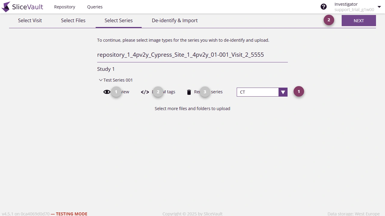 Screenshot of the select series page