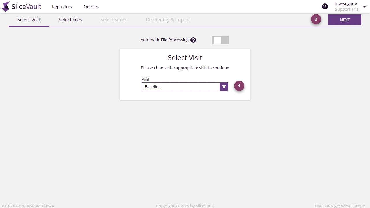 Screenshot of the select visit page