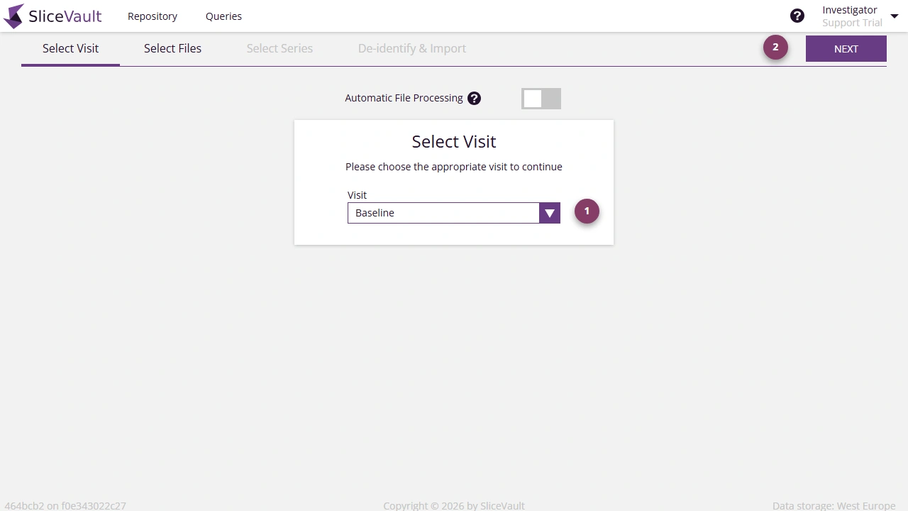 Screenshot of the select visit page