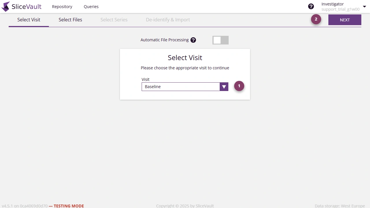 Screenshot of the select visit page