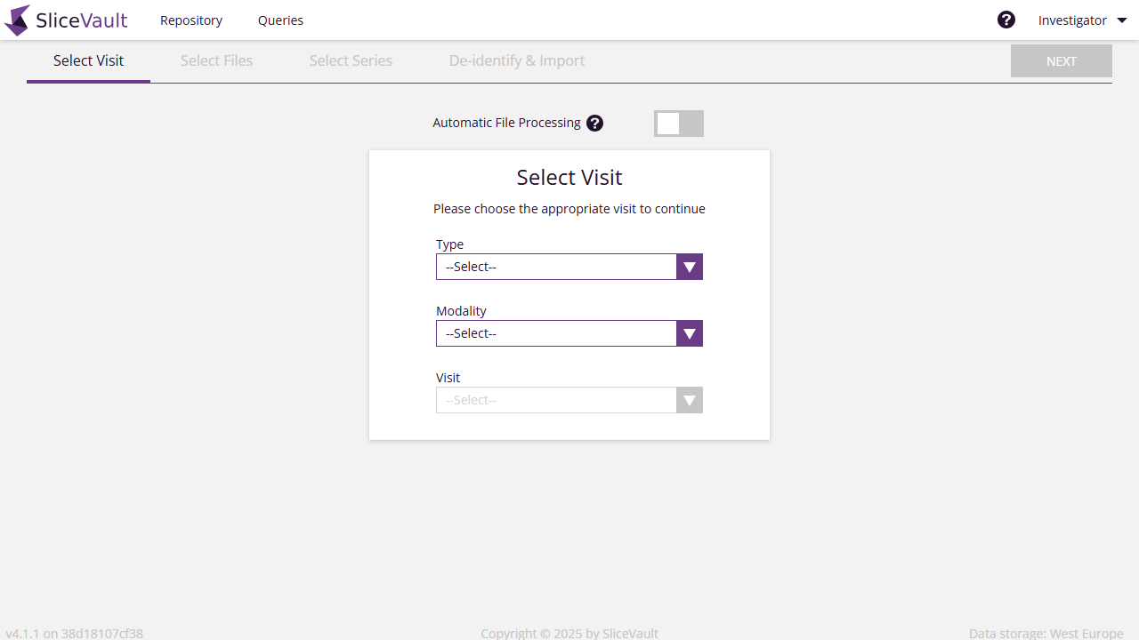 Example of visit filters during upload